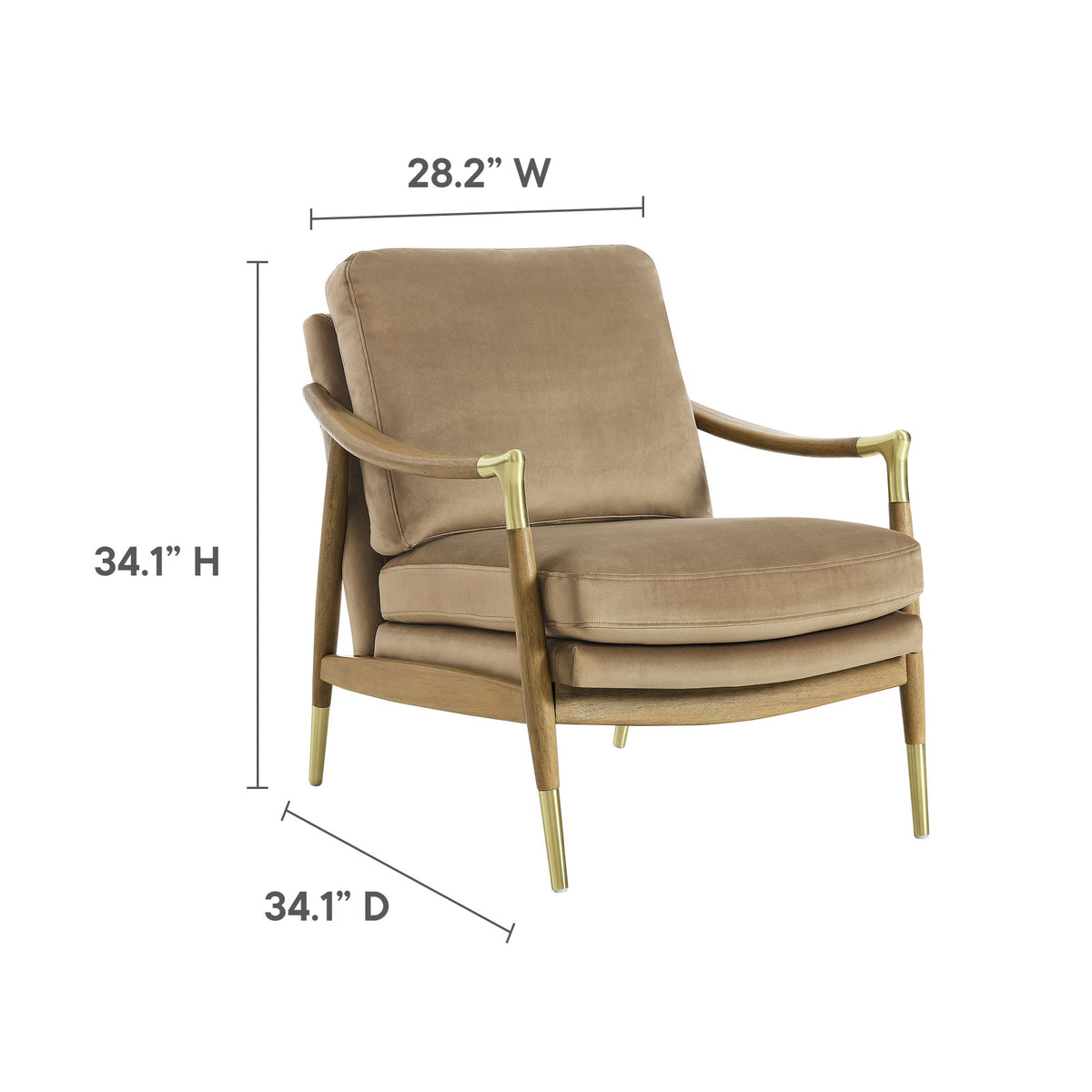 Langford Performance Velvet Accent Armchair in tan velvet with wood arms and brass tips on Tampa Home & Garden Store