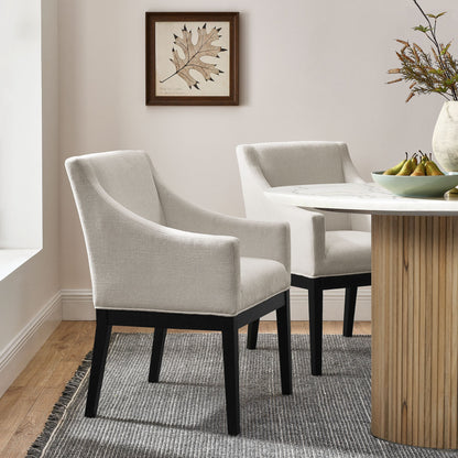 3 Alton Fabric Upholstered Dining Armchairs in light gray with black legs around a marble table on Tampa Home & Garden Store