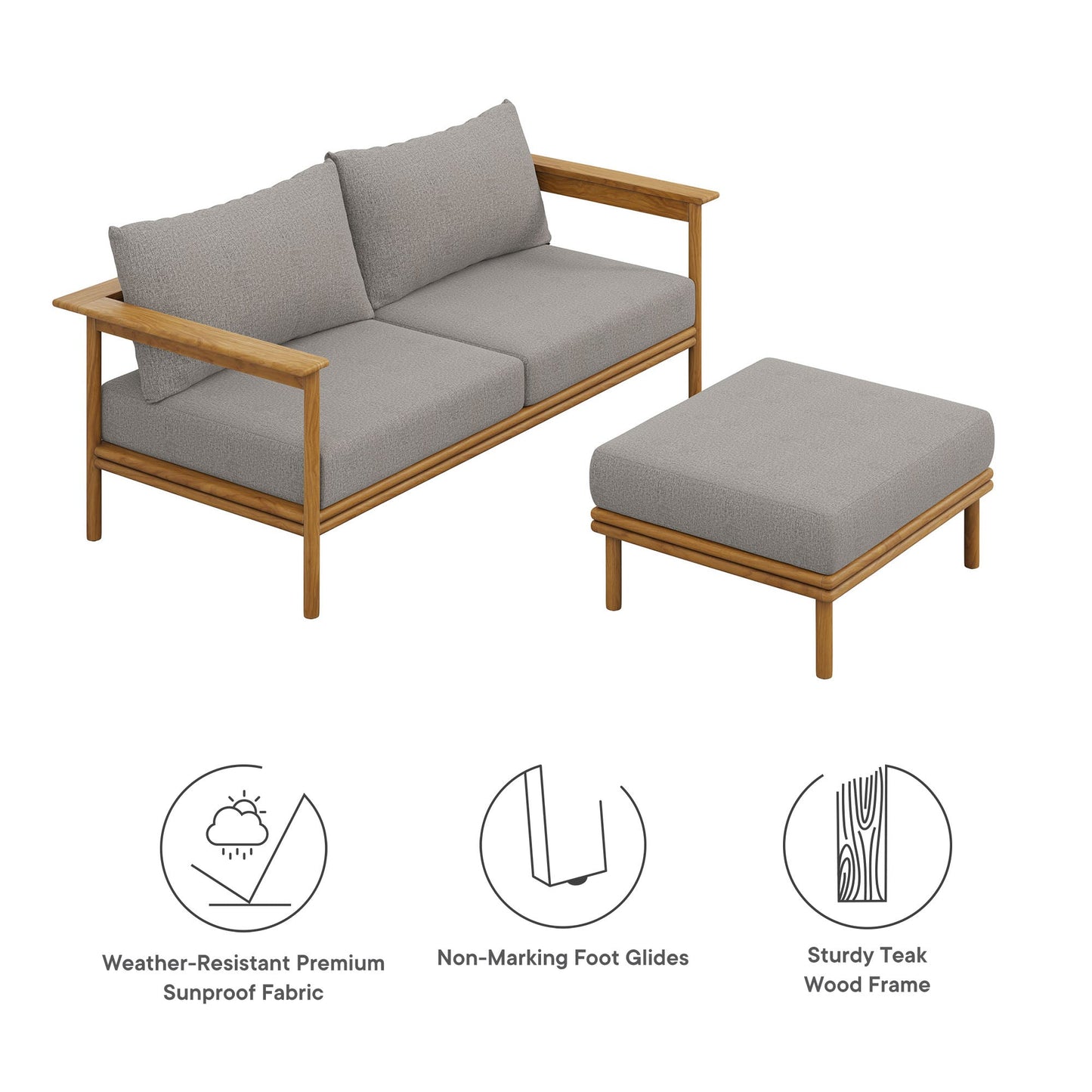 Wren Teak Wood Outdoor Sofa and Ottoman Set