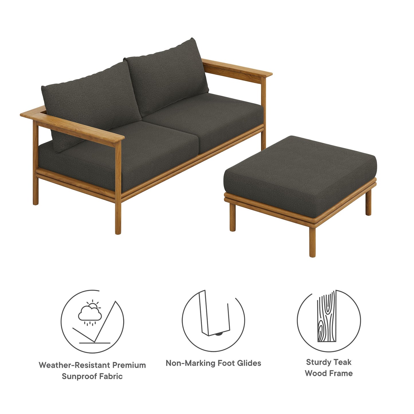 Wren Teak Wood Outdoor Sofa and Ottoman Set