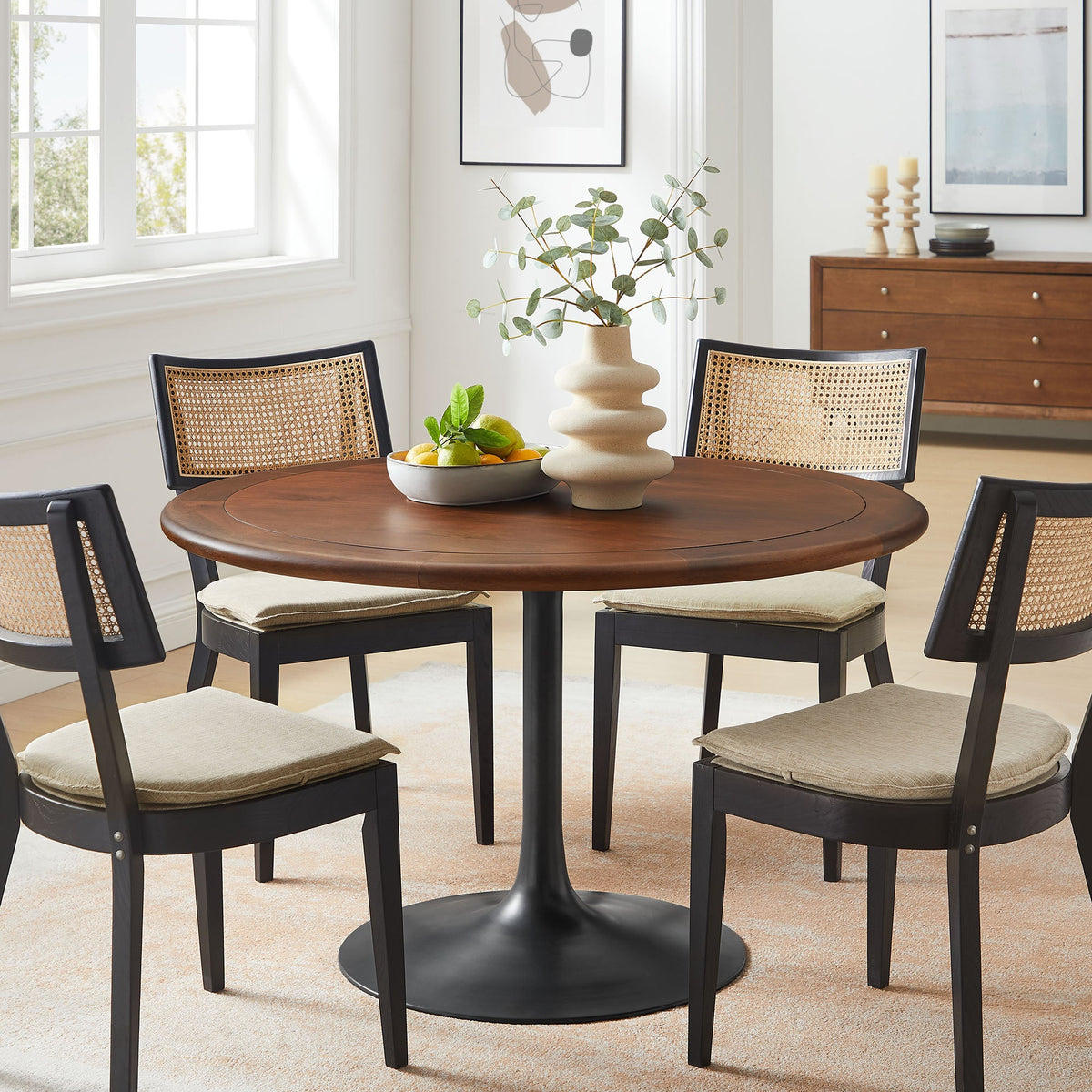 Lippa Round Pedestal Solid Wood Dining Table by Modway with dark base and caned chairs on Tampa Home & Garden Store
