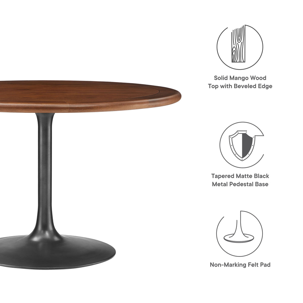 Lippa Round Pedestal Dining Table solid mango wood top beveled with black metal pedestal base on Tampa Home & Garden Store