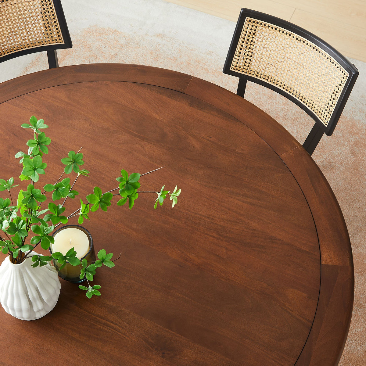 Lippa round pedestal dining table by Modway with solid wood and black caned-back chairs on Tampa Home & Garden Store