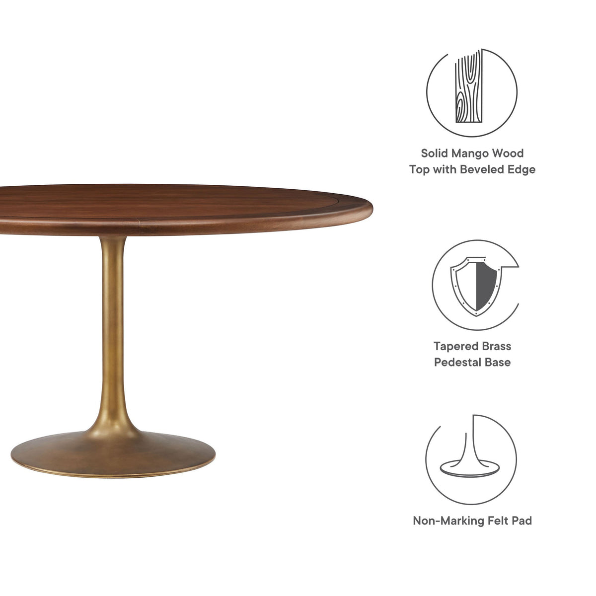 Lippa round pedestal dining table with mango wood top beveled edge and tapered brass base on Tampa Home & Garden Store