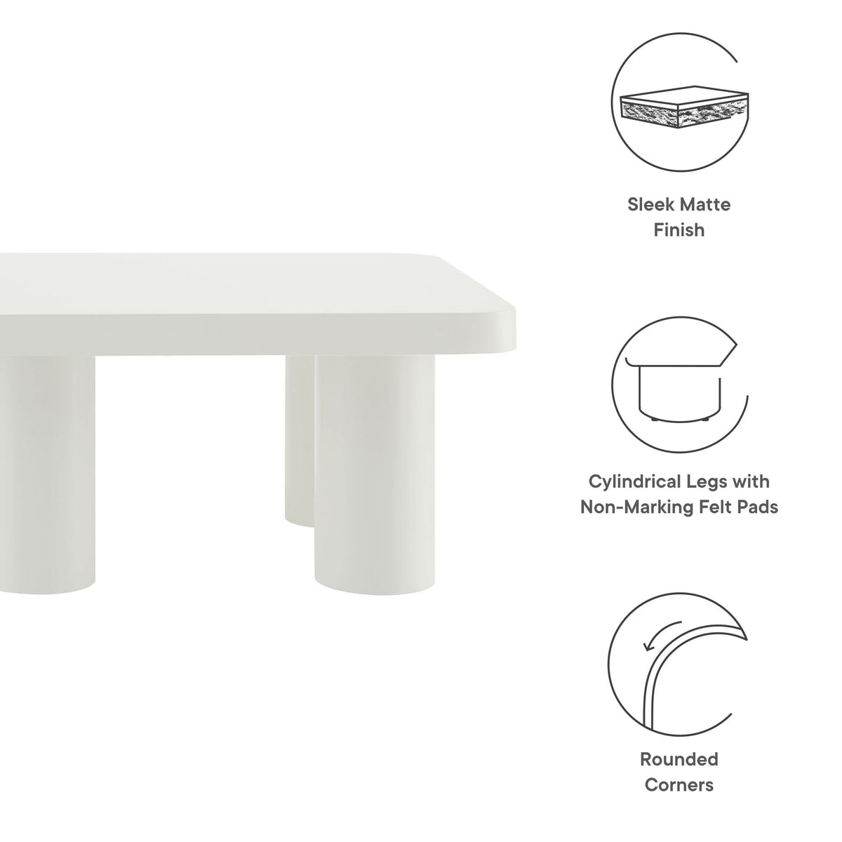 Cleo 54-Inch Rectangular Coffee Table by HouseOfZazla in Sleek Matte White with Cylindrical Legs on Tampa Home & Garden Store