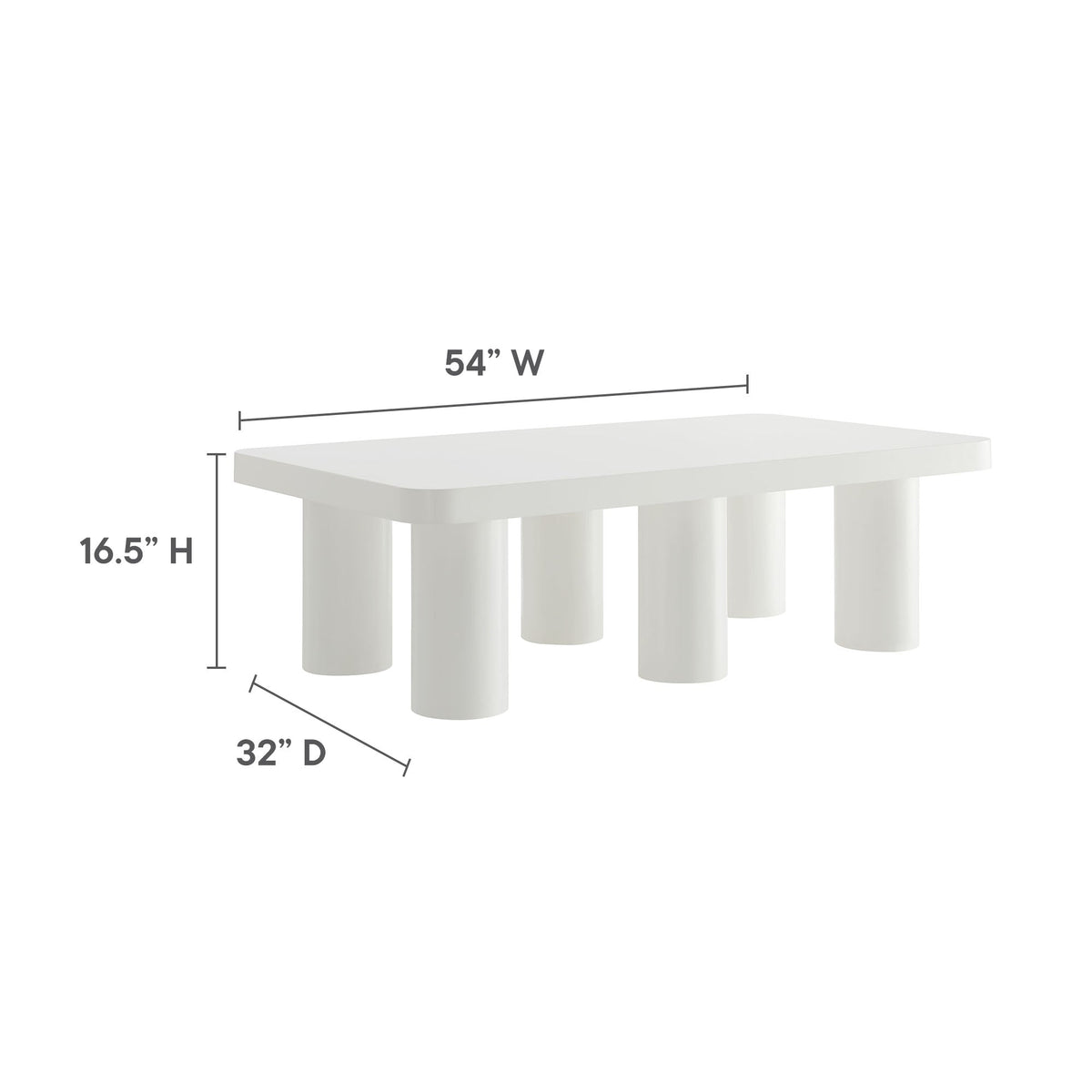 White Cleo 54-inch rectangular coffee table with thick cylindrical legs 54W x 32D x 16.5H on Tampa Home & Garden Store