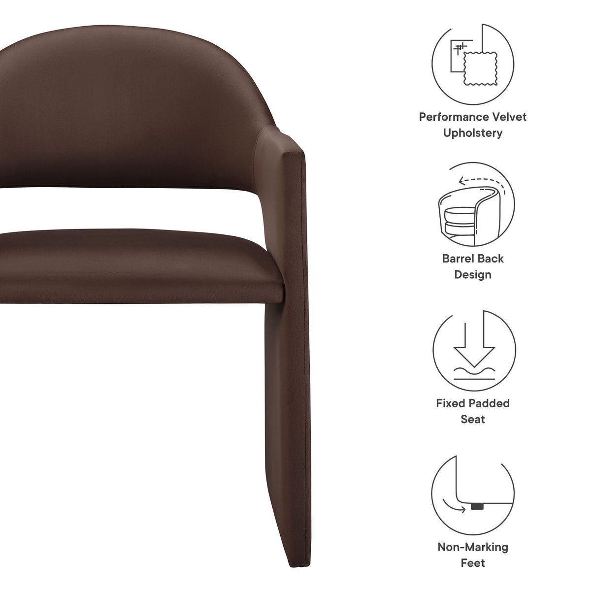 Talia Performance Velvet Dining Armchair brown velvet upholstery with a barrel-back and padded seat on Tampa Home & Garden Store
