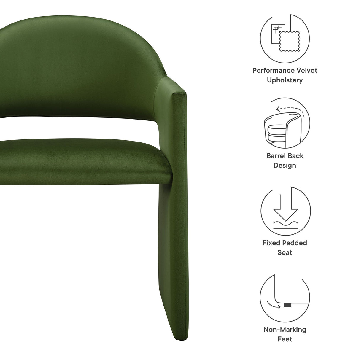 Talia Performance Velvet Dining Armchair olive green velvet, barrel-back design HouseOfZazla on Tampa Home & Garden Store