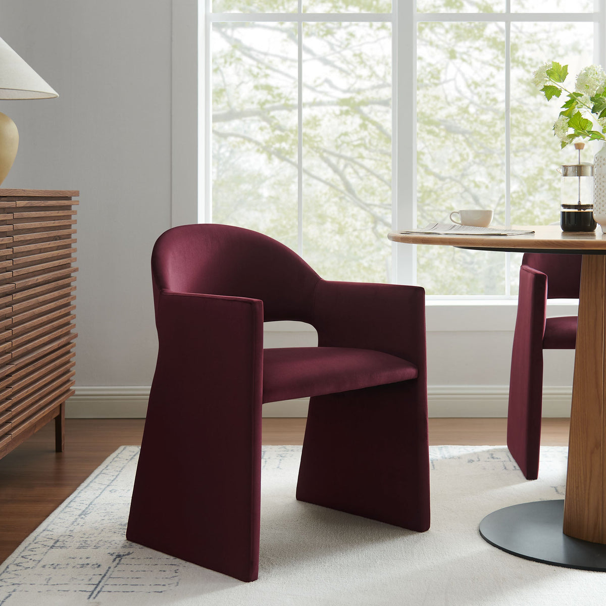 Talia Performance Velvet Dining Armchairs, burgundy velvet pair around a wood table on Tampa Home & Garden Store