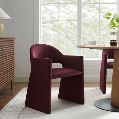 Talia Performance Velvet Dining Armchairs, burgundy velvet pair around a wood table on Tampa Home & Garden Store