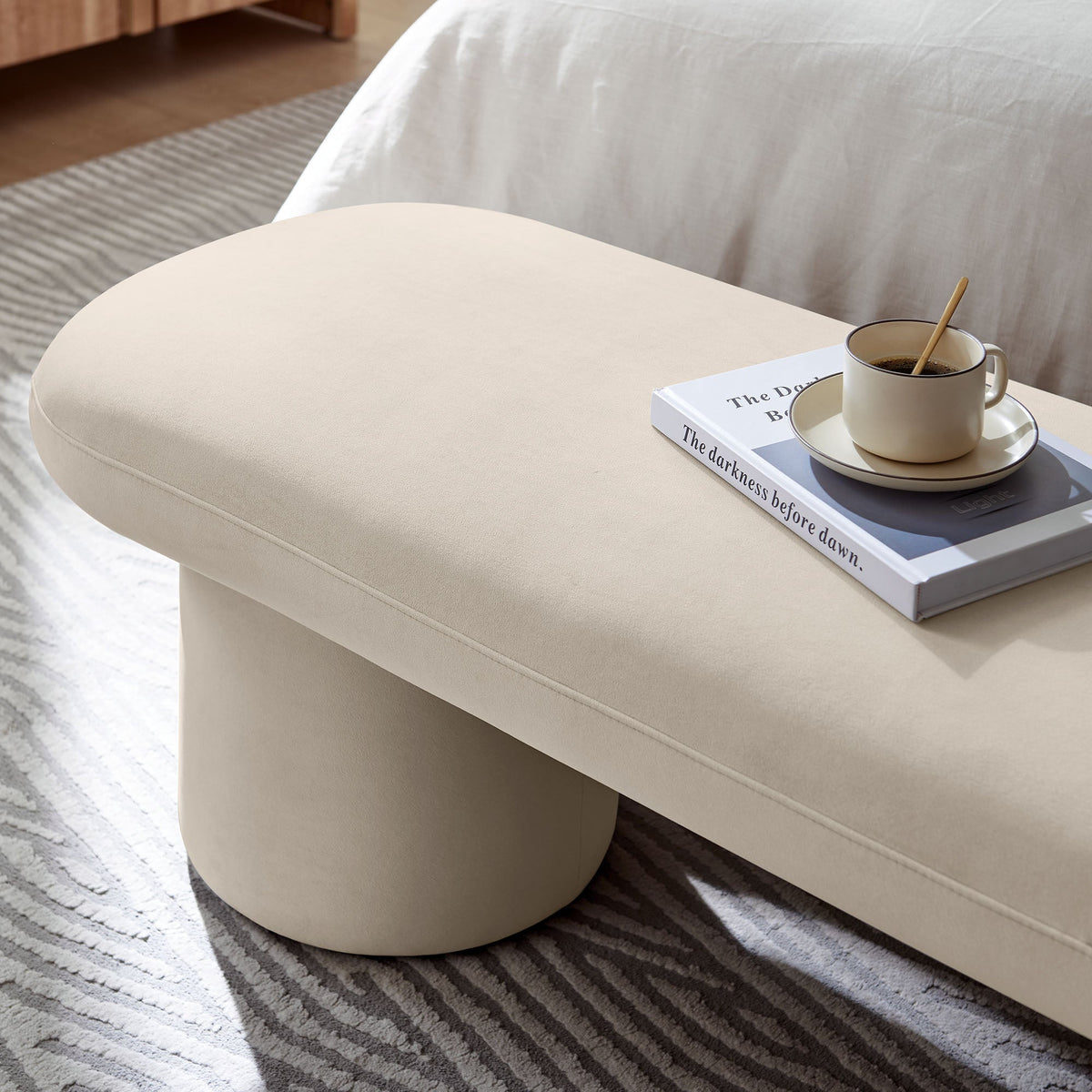 Orla Performance Velvet Bench by Modway, cream velvet with rounded edges, coffee cup on top on Tampa Home & Garden Store