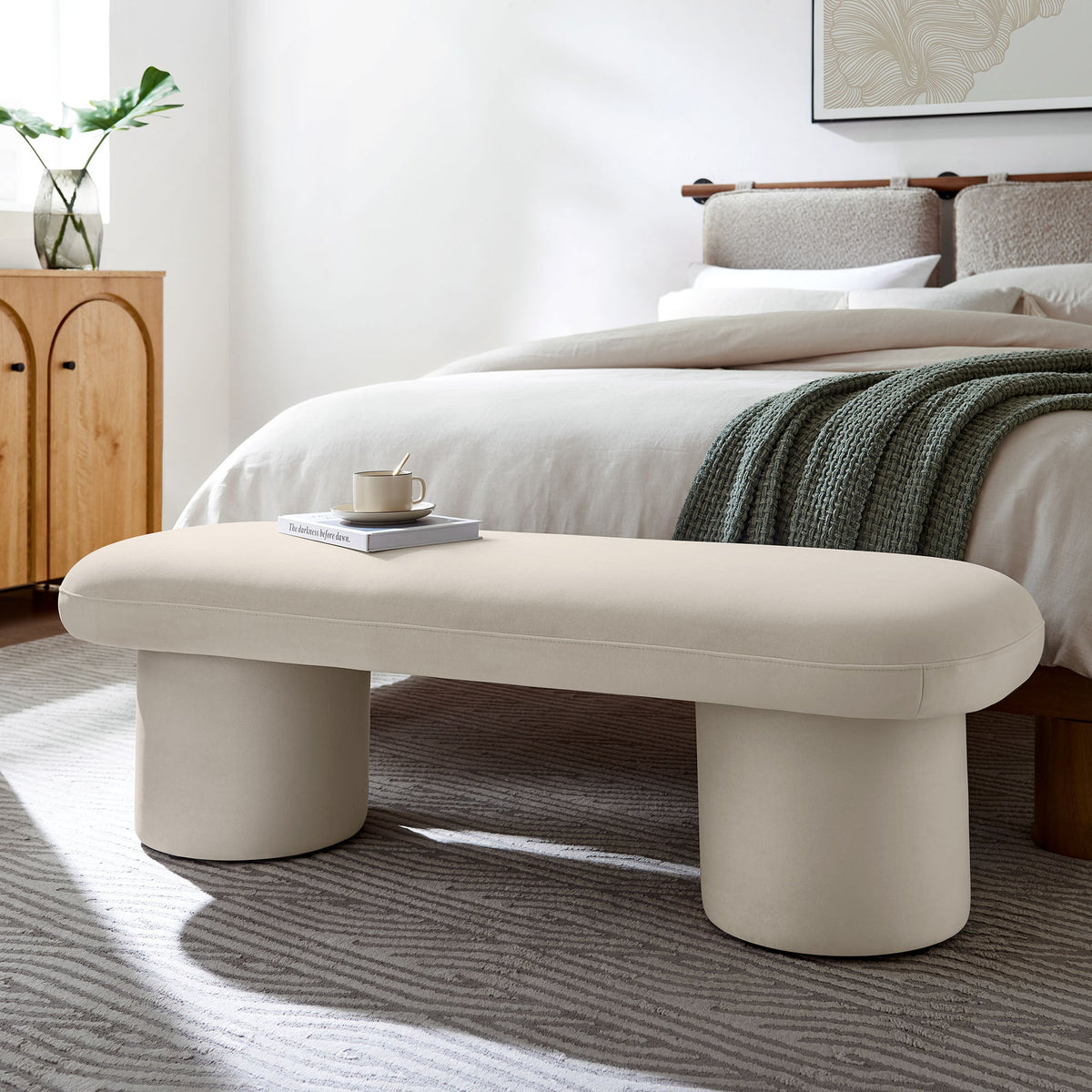Orla Performance Velvet Bench in beige velvet with rounded pedestal base for bedroom decor on Tampa Home & Garden Store