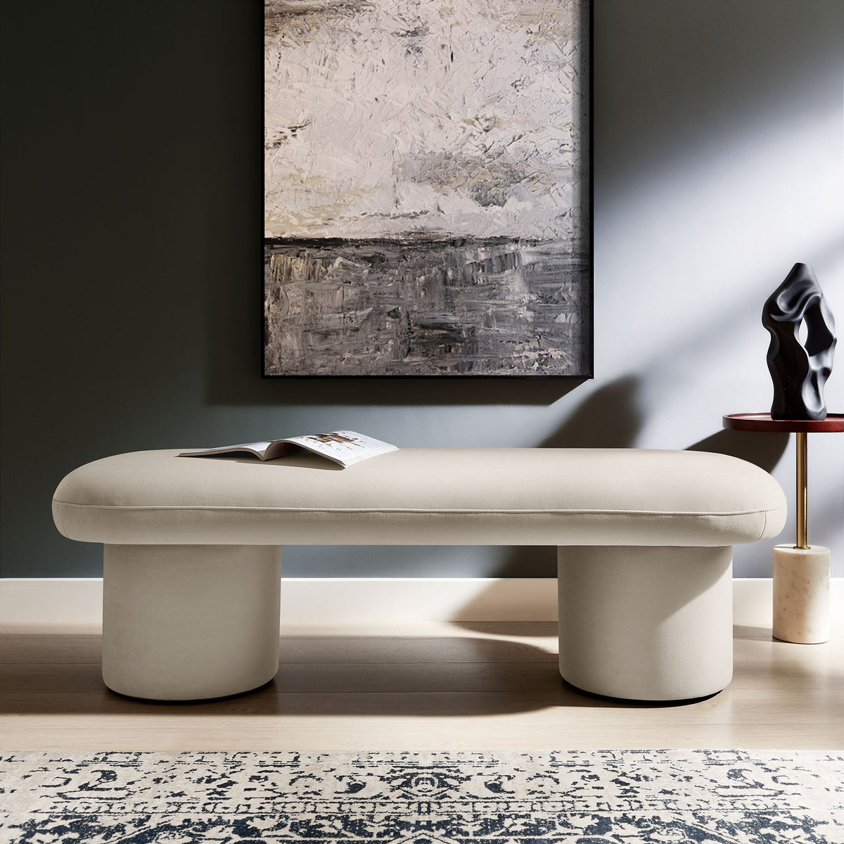 Orla Performance Velvet Bench by Modway in ivory cream velvet with three rounded pedestal bases on Tampa Home & Garden Store