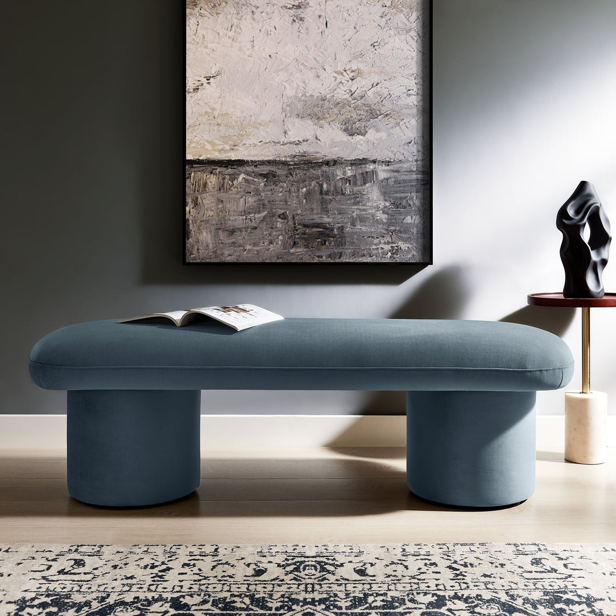 Orla Performance Velvet Bench by Modway, blue velvet, rounded silhouette with cylindrical legs on Tampa Home & Garden Store