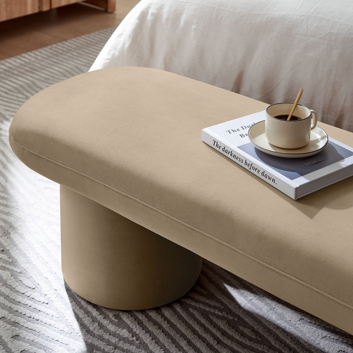 Orla Performance Velvet Bench by Modway beige velvet ottoman with book and mug on Tampa Home & Garden Store