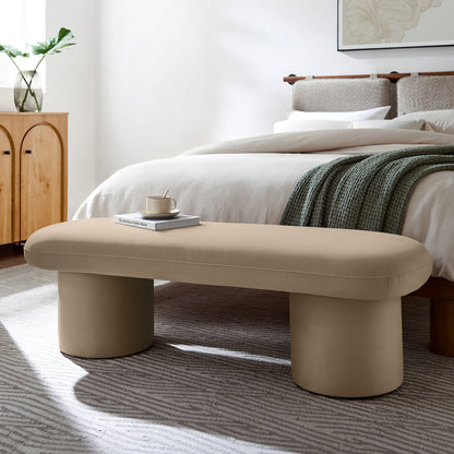Orla Performance Velvet Bench in beige velvet with rounded base for a modern bedroom on Tampa Home & Garden Store