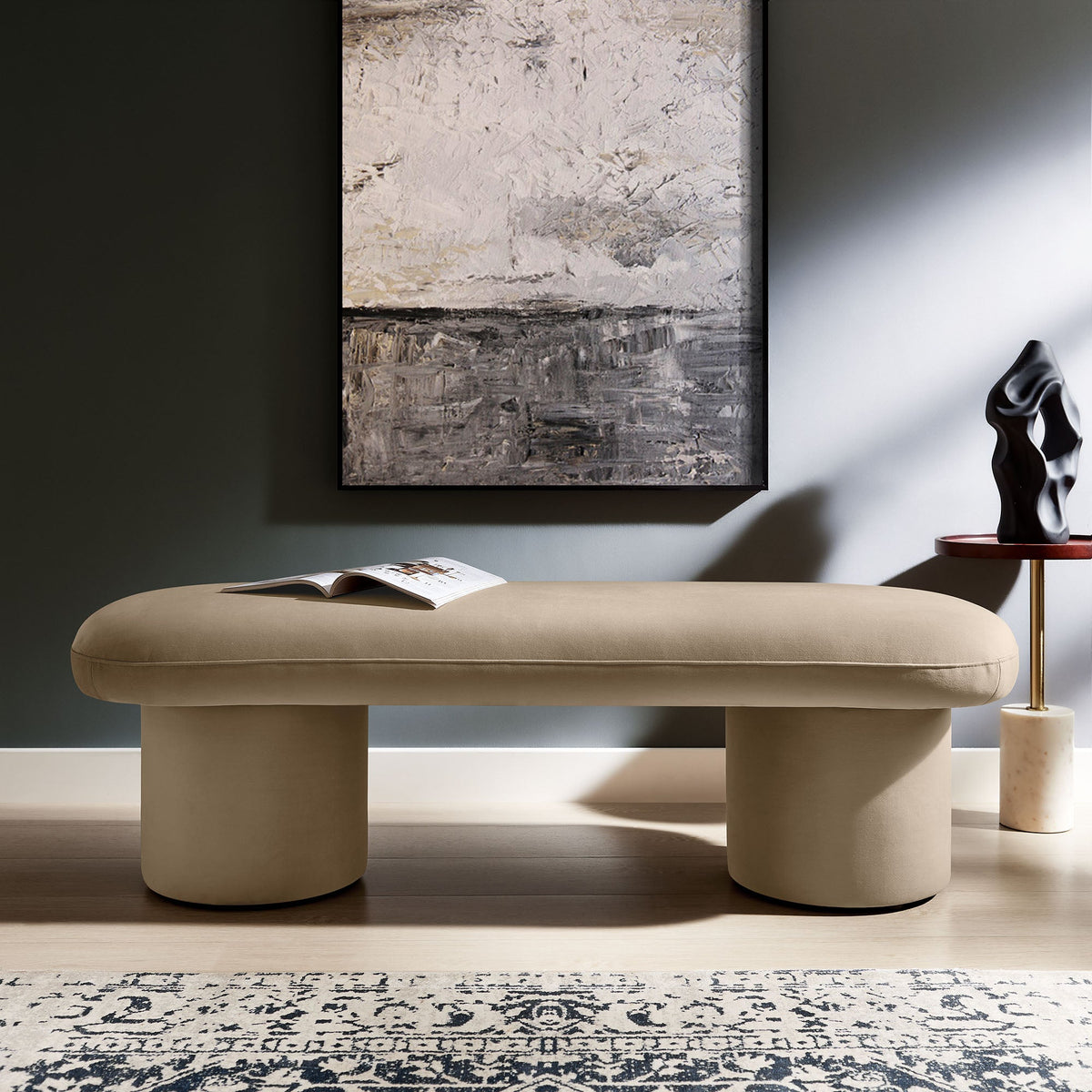 Orla Velvet Bench by Modway beige upholstery with simple rounded cushion and pedestal base on Tampa Home & Garden Store