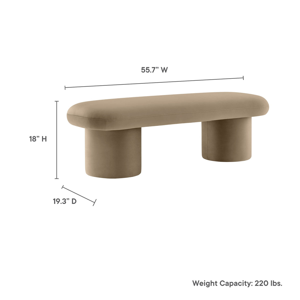 Orla Performance Velvet Bench by Modway, beige velvet upholstery with two cylindrical legs on Tampa Home & Garden Store