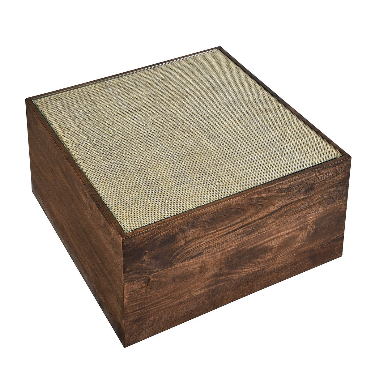 Truett Square Wood Rattan Coffee Table with dark wood frame and woven cane top on Tampa Home & Garden Store
