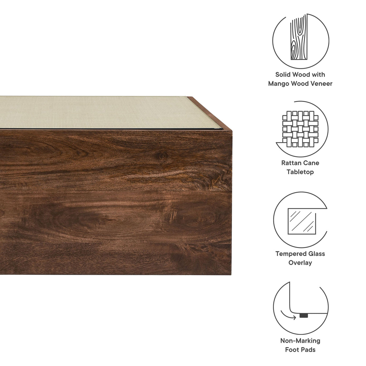 Truett Square Wood Rattan Coffee Table with dark wood base and beige woven top on Tampa Home & Garden Store