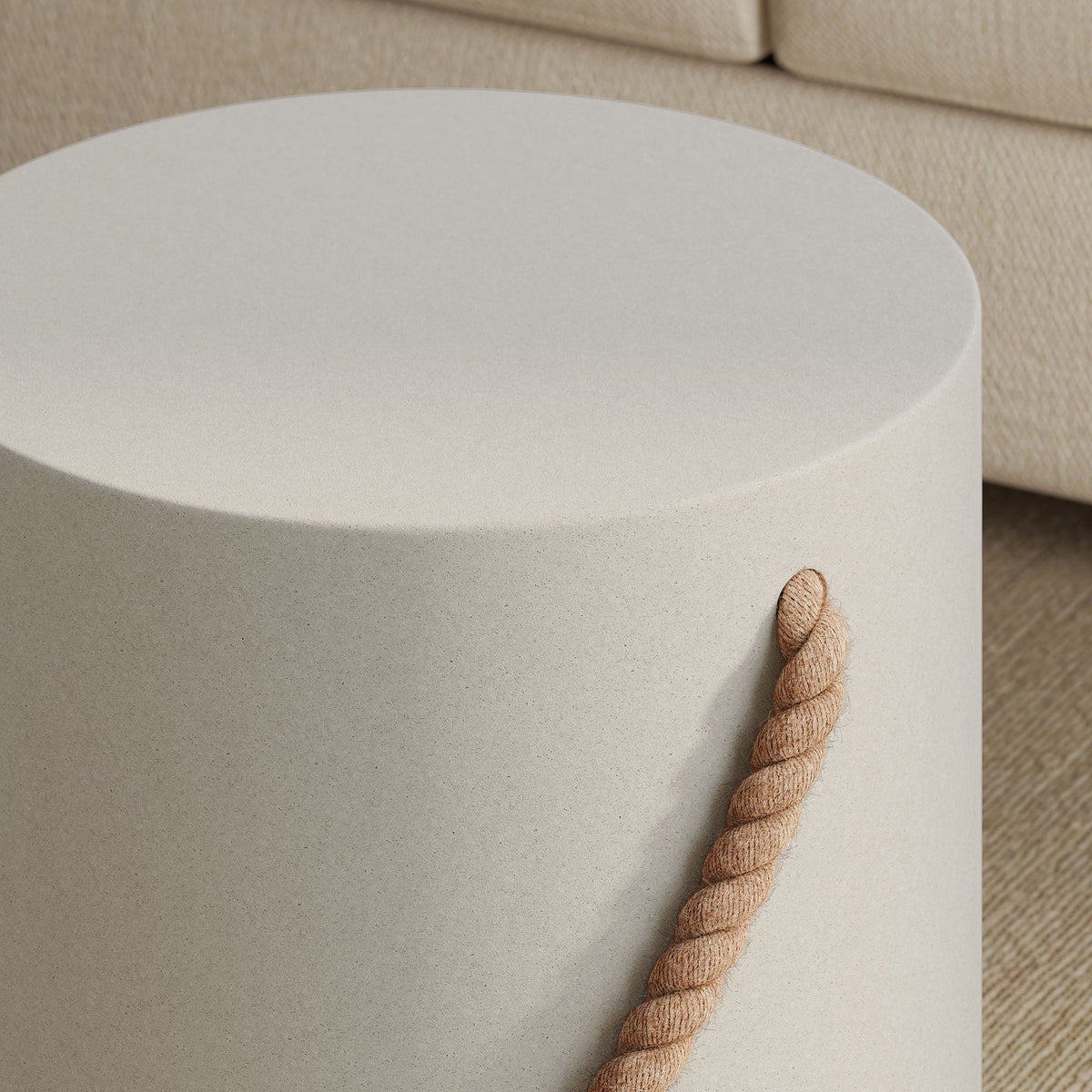 Isera rope concrete side table, round gray top with natural rope accent for indoor/outdoor patio on Tampa Home & Garden Store
