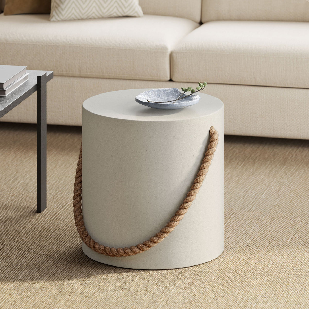 Isera Rope Concrete Side Table Stool gray with rope wrap and top plate HouseOfZazla on Tampa Home & Garden Store