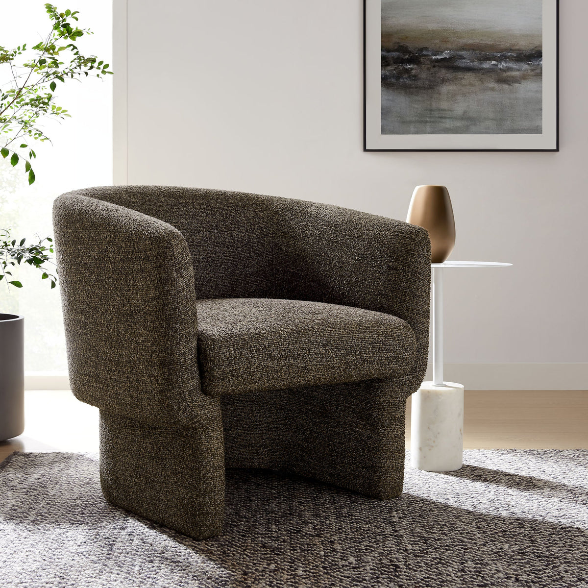 Muse boucle barrel accent chair by Modway in dark brown upholstery, living room setting, on Tampa Home & Garden Store