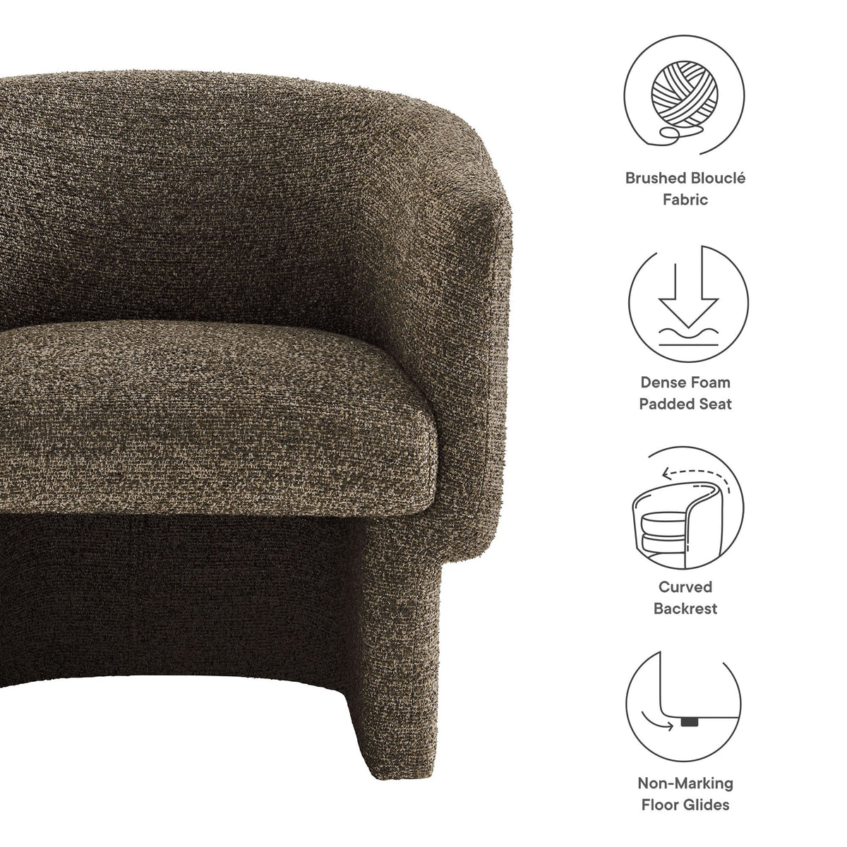 Muse Boucle Fabric Barrel Accent Chair in brown brushed bouclé fabric with curved backrest on Tampa Home & Garden Store
