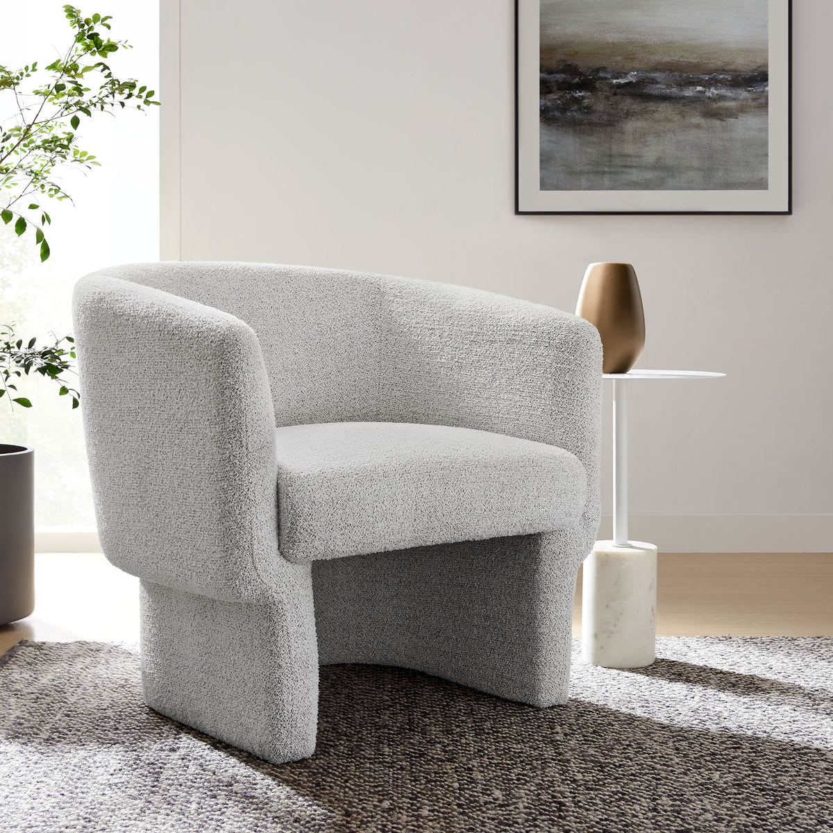 Muse Boucle Barrel Accent Chair by Modway in light gray boucle with rounded silhouette in a modern living space on Tampa Home & Garden Store