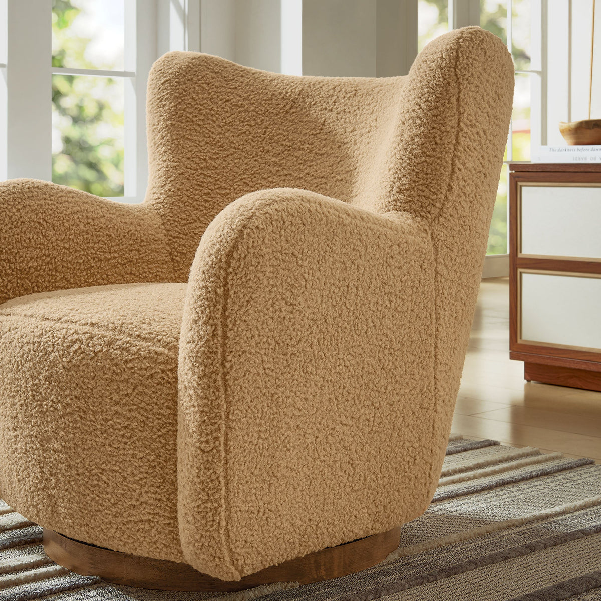 Montrose Wingback Sherpa Swivel Accent Chair in tan sherpa fabric with wood base on Tampa Home & Garden Store