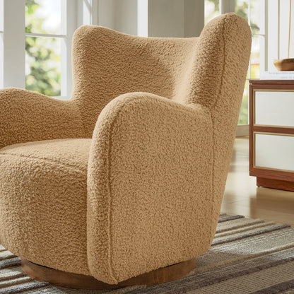 Montrose Wingback Sherpa Swivel Accent Chair in tan sherpa fabric with wood base on Tampa Home & Garden Store