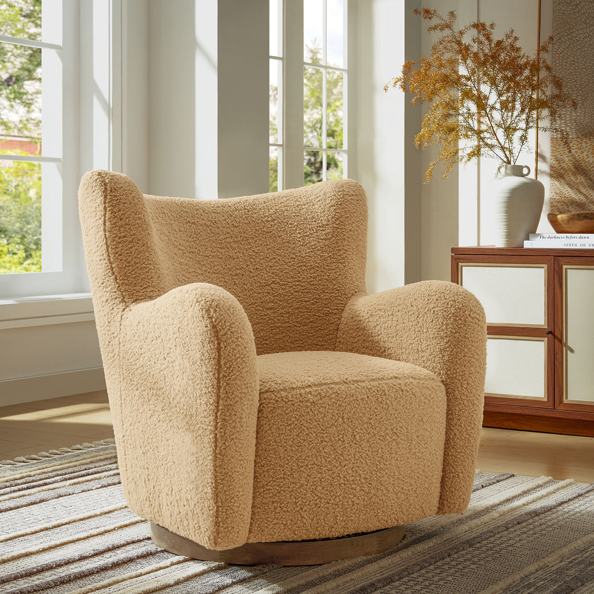 Montrose Wingback Sherpa Swivel Accent Chair tan sherpa upholstery with round wood base on Tampa Home & Garden Store