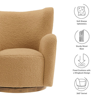 Montrose Wingback Sherpa Swivel Accent Chair by Modway, camel sherpa upholstery, wood base on Tampa Home & Garden Store