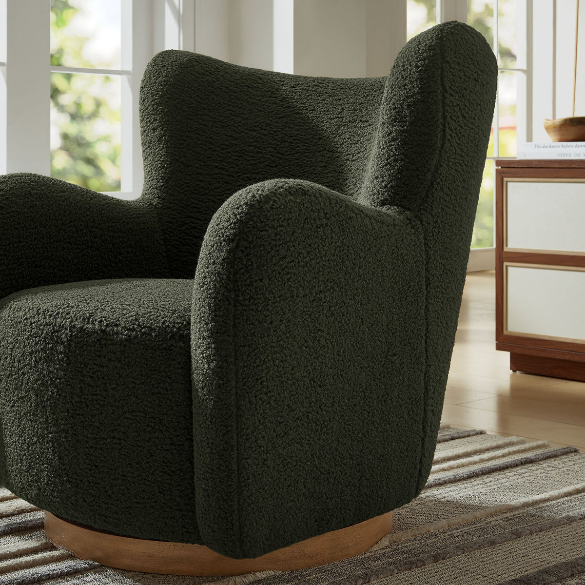 Montrose Wingback Sherpa Swivel Accent Chair with dark textured fabric and wooden swivel base on Tampa Home & Garden Store