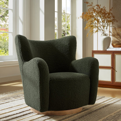 Montrose Wingback Sherpa Swivel Accent Chair in dark green textured fabric with wood base on Tampa Home & Garden Store