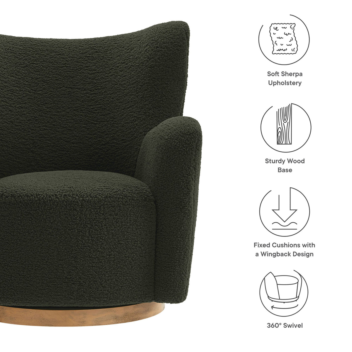 Montrose Wingback Sherpa Swivel Accent Chair by Modway, charcoal upholstery with wood base on Tampa Home & Garden Store
