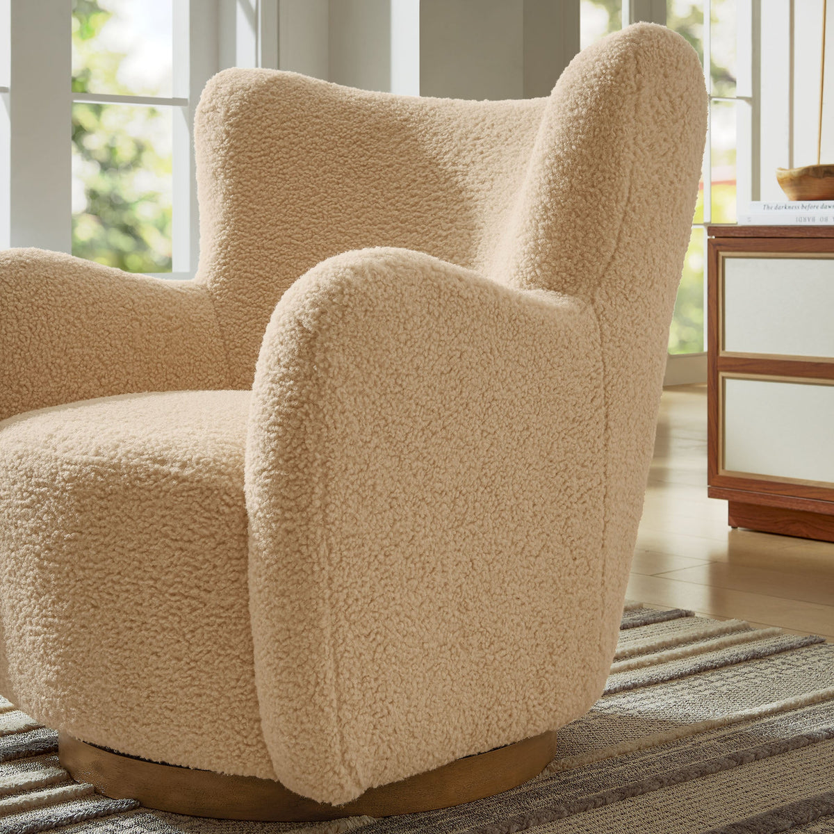Montrose Wingback Sherpa Swivel Chair by Modway in cream sherpa with wingback and wood base on Tampa Home & Garden Store