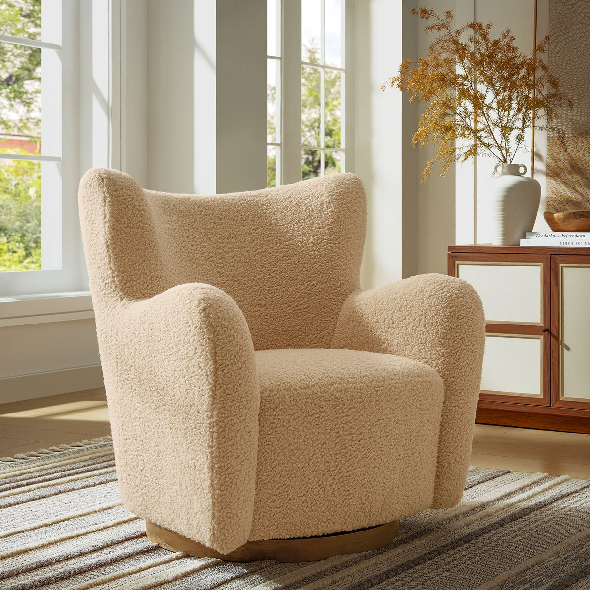 Montrose Wingback Sherpa Swivel Chair Modway with wood base on Tampa Home & Garden Store