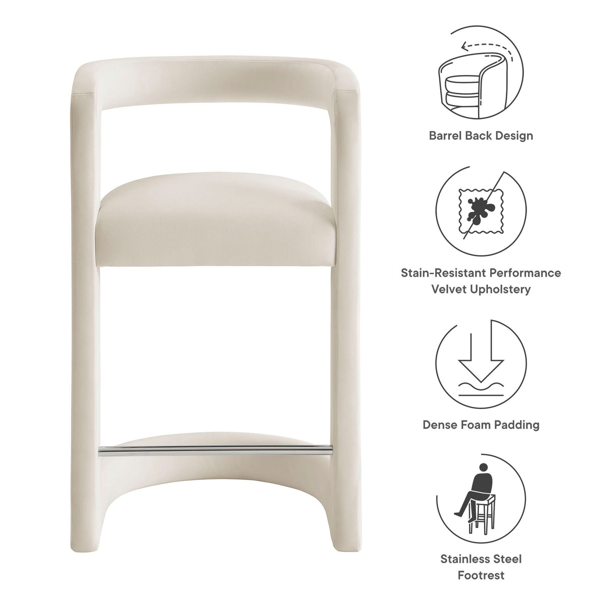 Winslow Performance Velvet Counter Stool by Modway, cream upholstery, barrel back, on Tampa Home & Garden Store