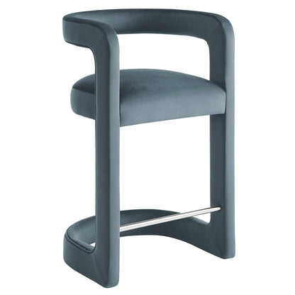 Winslow Velvet Counter Stool in blue with curved back and chrome footrest by HouseOfZazla on Tampa Home & Garden Store