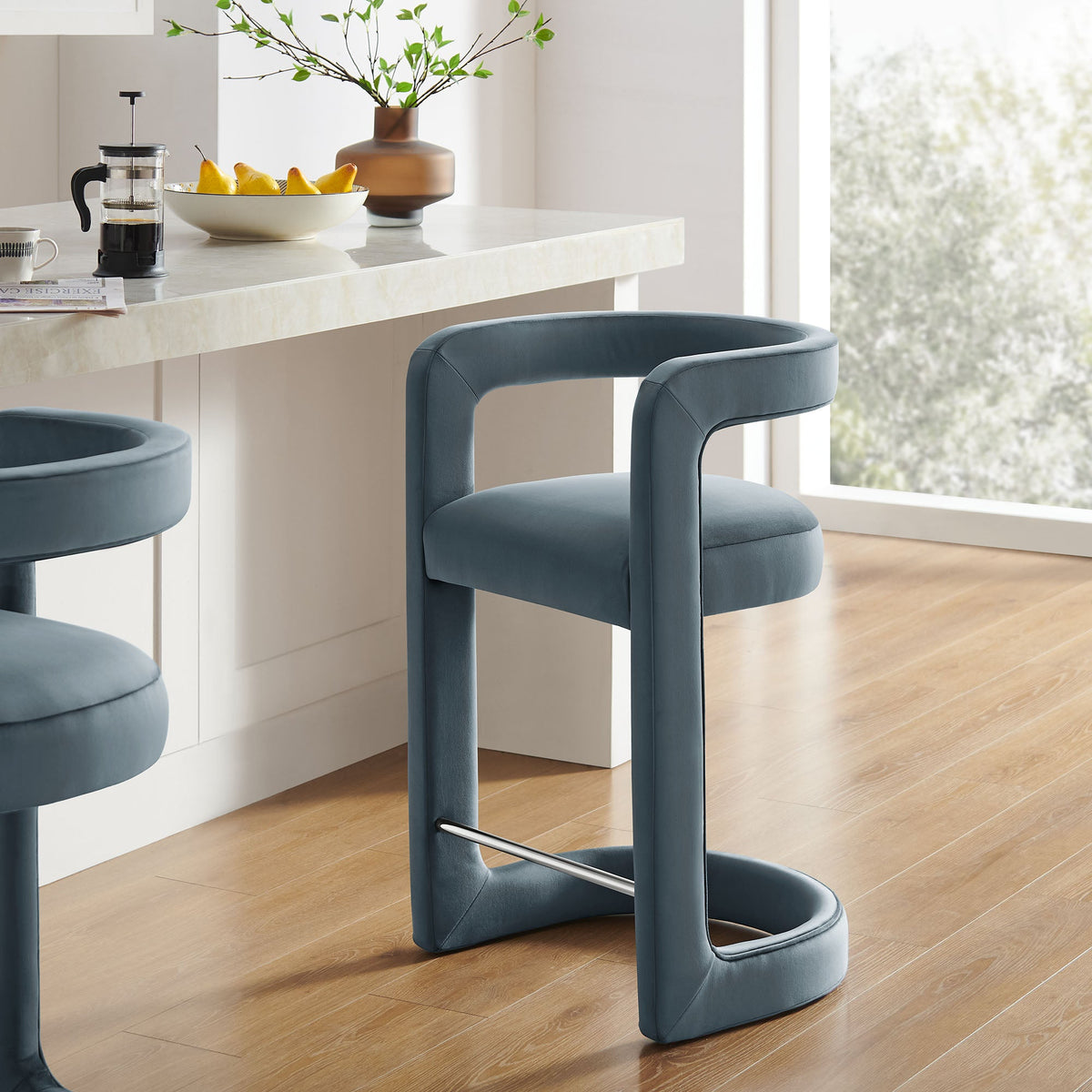 Winslow Performance Velvet Counter Stool by Modway in blue velvet with chrome footrest on Tampa Home & Garden Store
