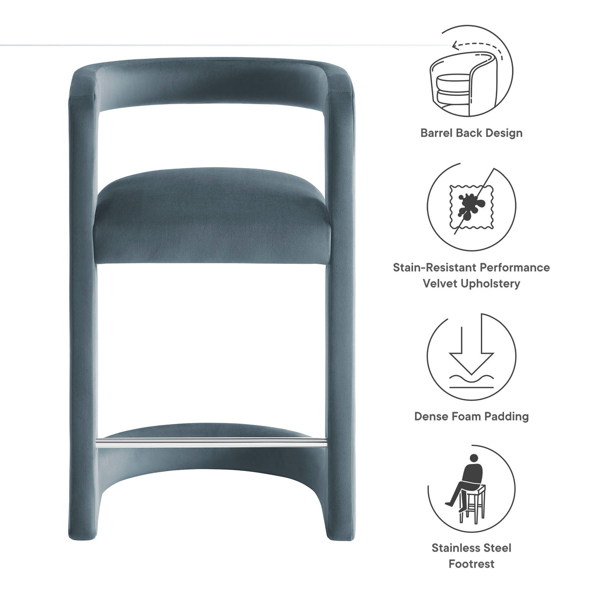 Winslow Velvet Counter Stool by Modway navy, barrel back, stainless steel footrest on Tampa Home & Garden Store