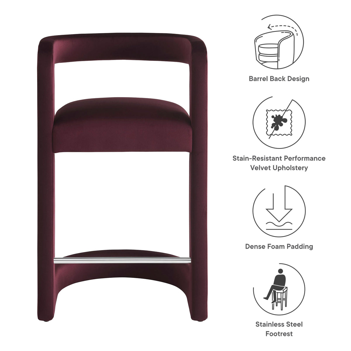 Winslow Performance Velvet Counter Stool by Modway, burgundy velvet upholstery, bar stool on Tampa Home & Garden Store