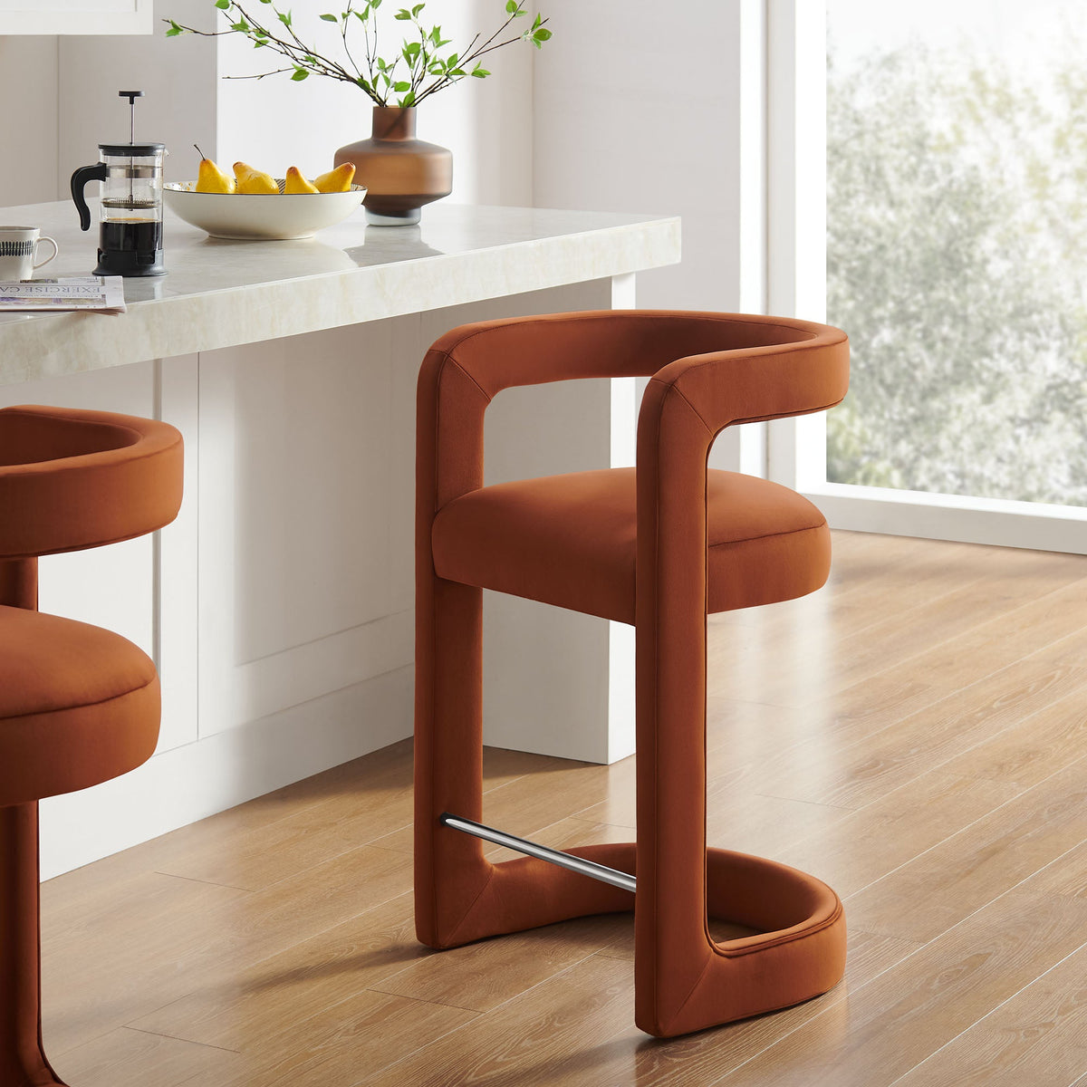 Winslow Performance Velvet Counter Stool orange velvet with chrome footrest, group of 3 by Modway on Tampa Home & Garden Store