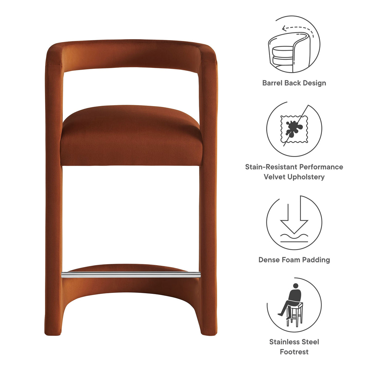 Winslow Performance Velvet Counter Stool by Modway, burnt orange velvet with barrel back and wood legs on Tampa Home & Garden Store