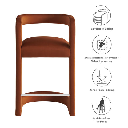 Winslow Performance Velvet Counter Stool by Modway, burnt orange velvet with barrel back and wood legs on Tampa Home & Garden Store