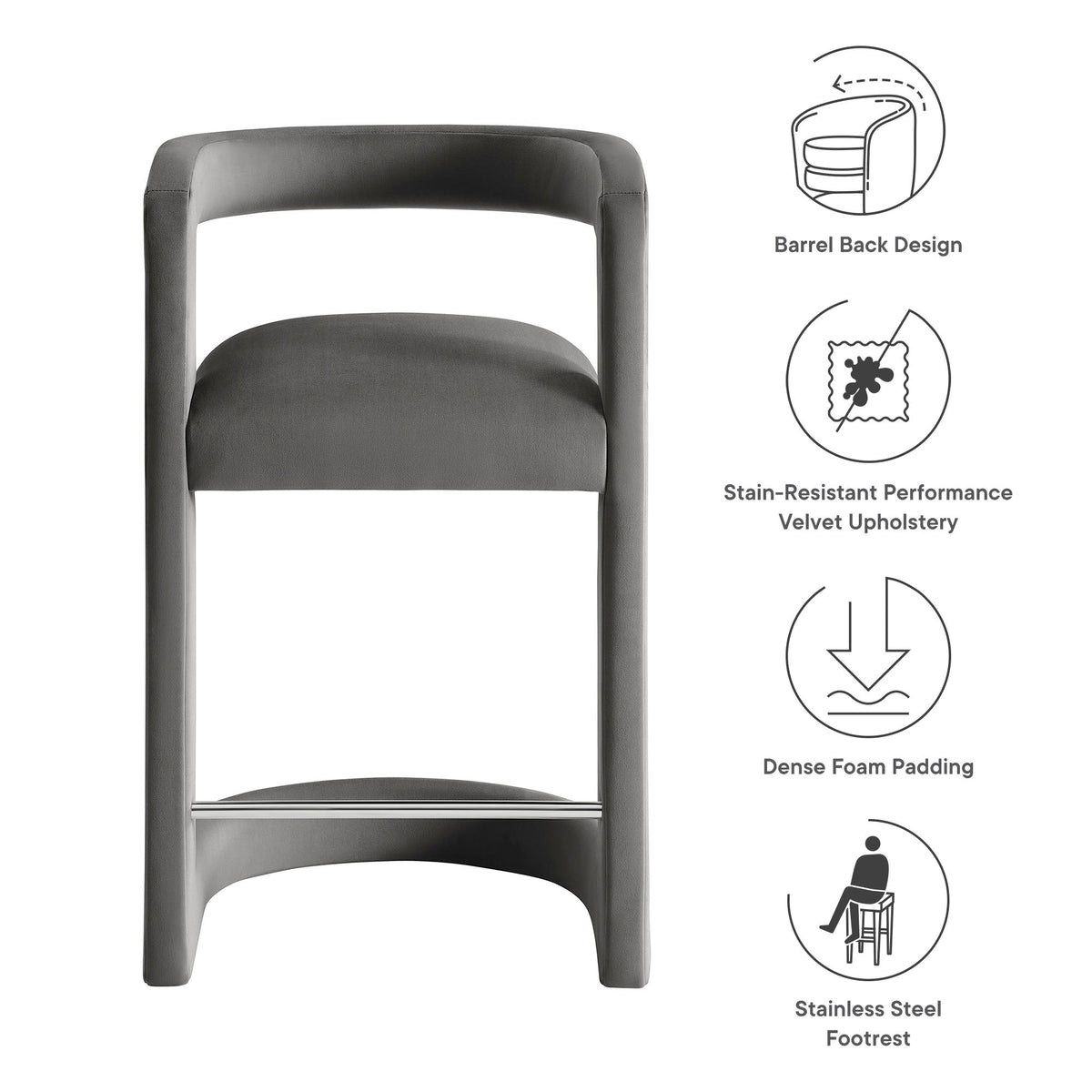 Winslow Performance Velvet Counter Stool by Modway, gray velvet, barrel back, dense foam padding on Tampa Home & Garden Store