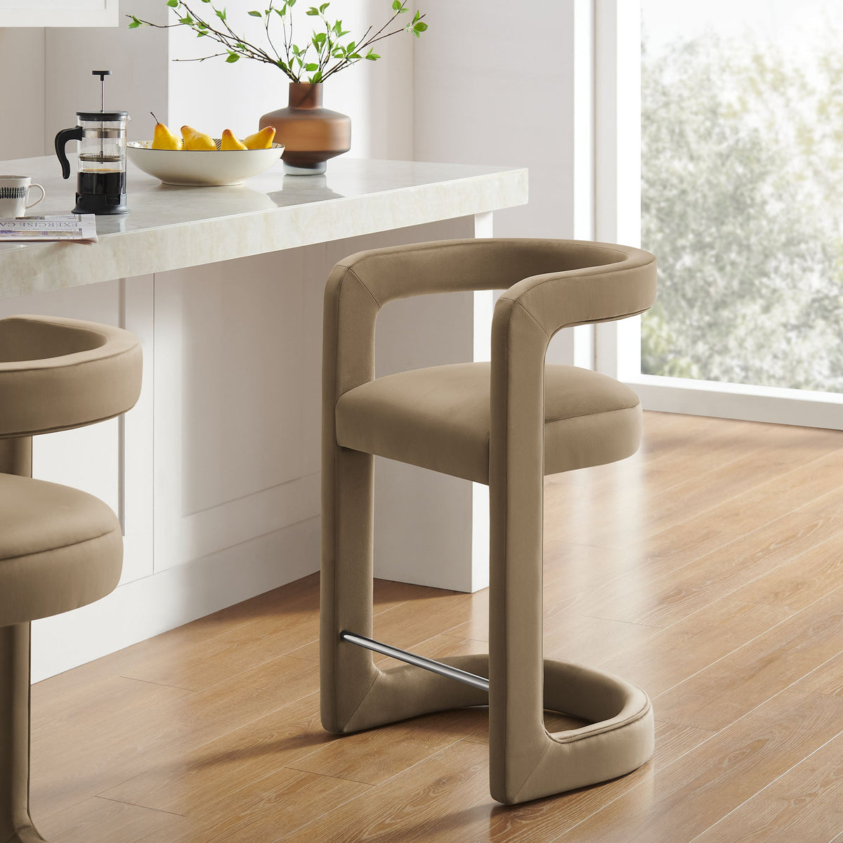 Winslow Performance Velvet Counter Stool by Modway beige velvet with metal footrest pair on Tampa Home & Garden Store