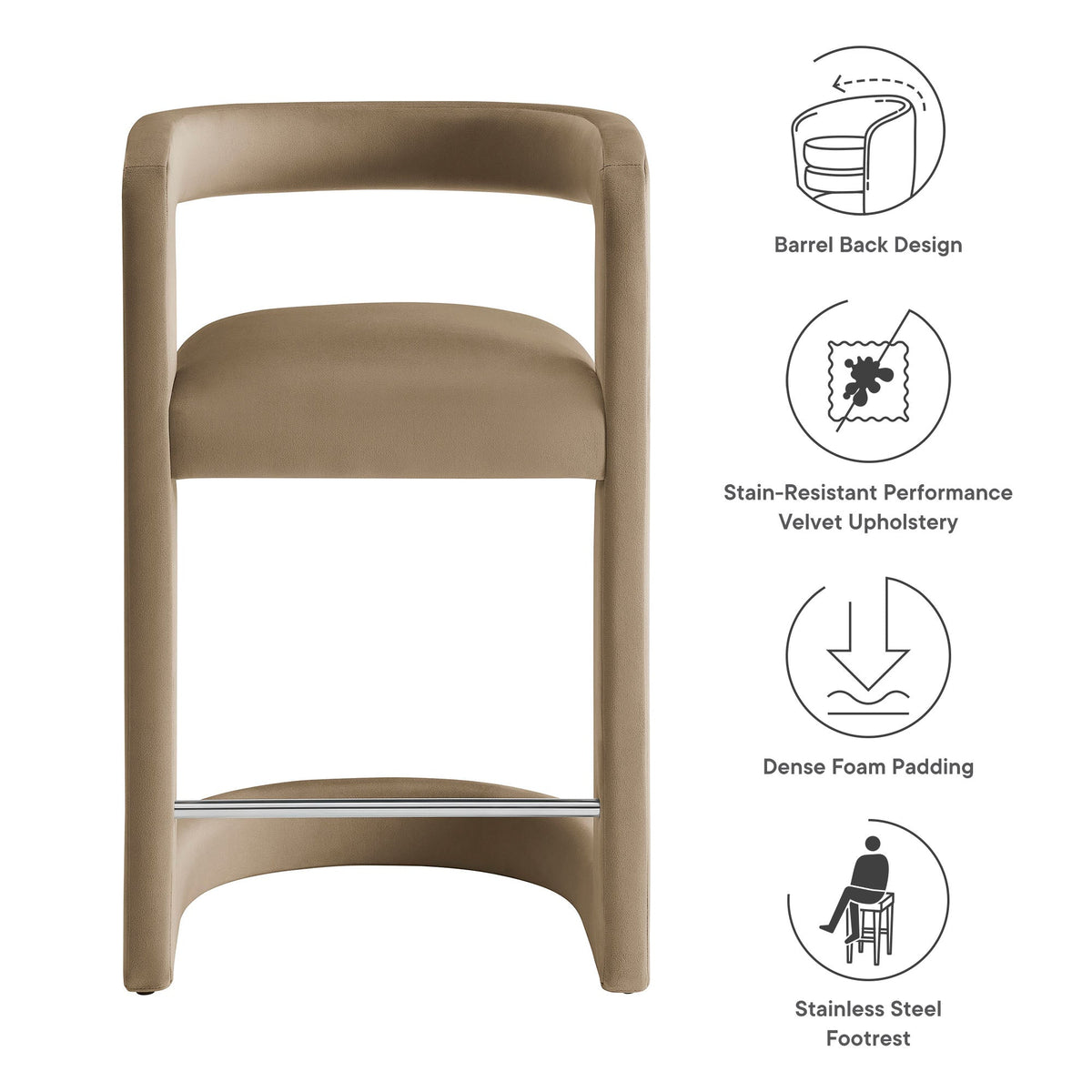 Winslow Performance Velvet Counter Stool tan velvet with barrel-back and chrome footrest on Tampa Home & Garden Store