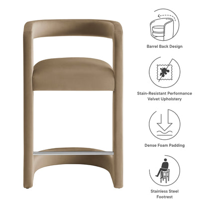Winslow Performance Velvet Counter Stool tan velvet with barrel-back and chrome footrest on Tampa Home & Garden Store